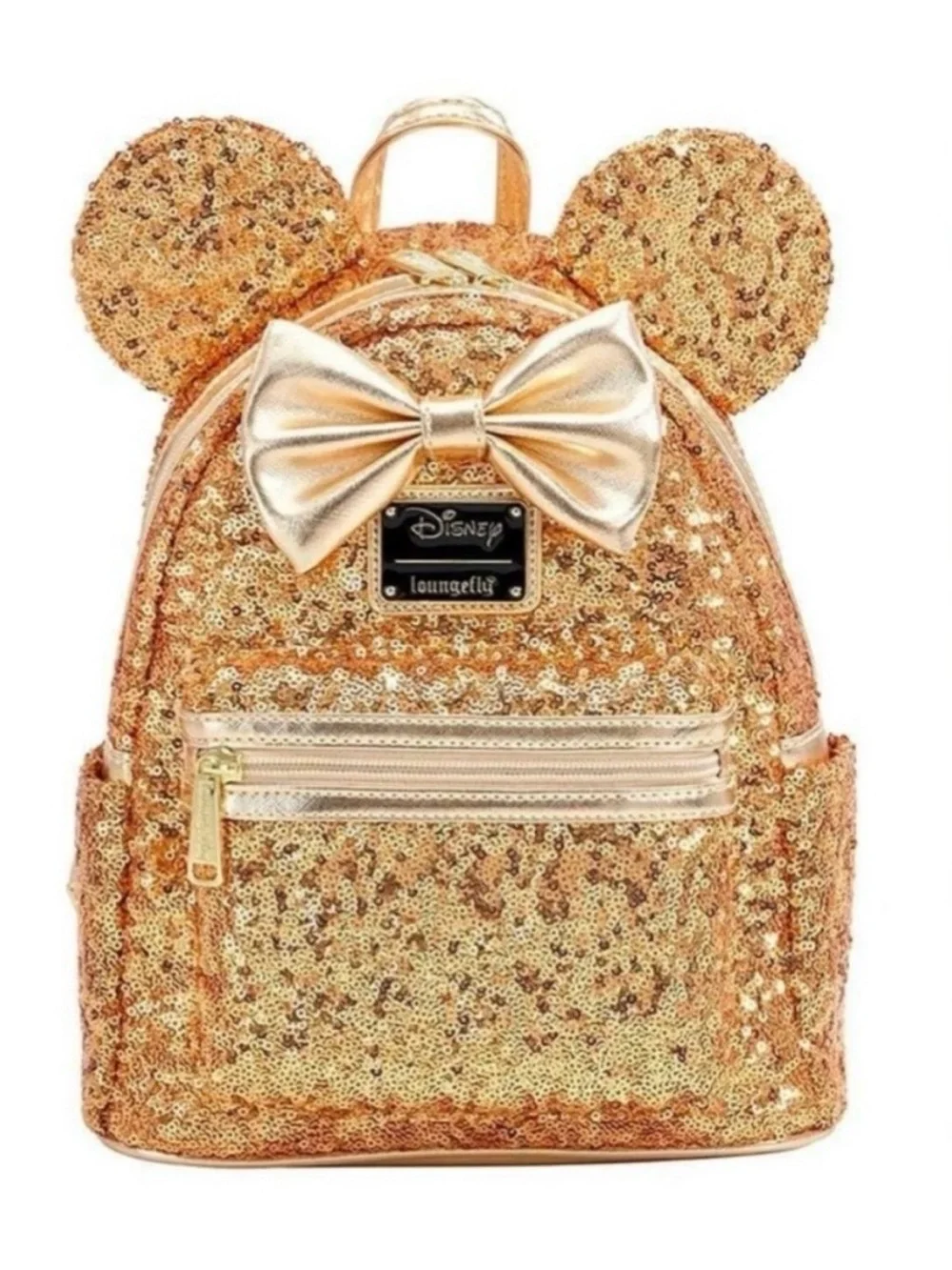 Loungefly Kids Gold Sequin Minnie Ear Backpack with Metallic Bow
